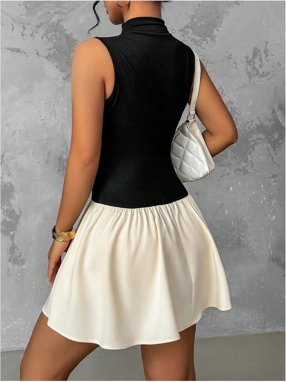 Black and Cream Colorblock Mock Neck Sleeveless Drop Waist Mini Dress Small - Picture 4 of 8